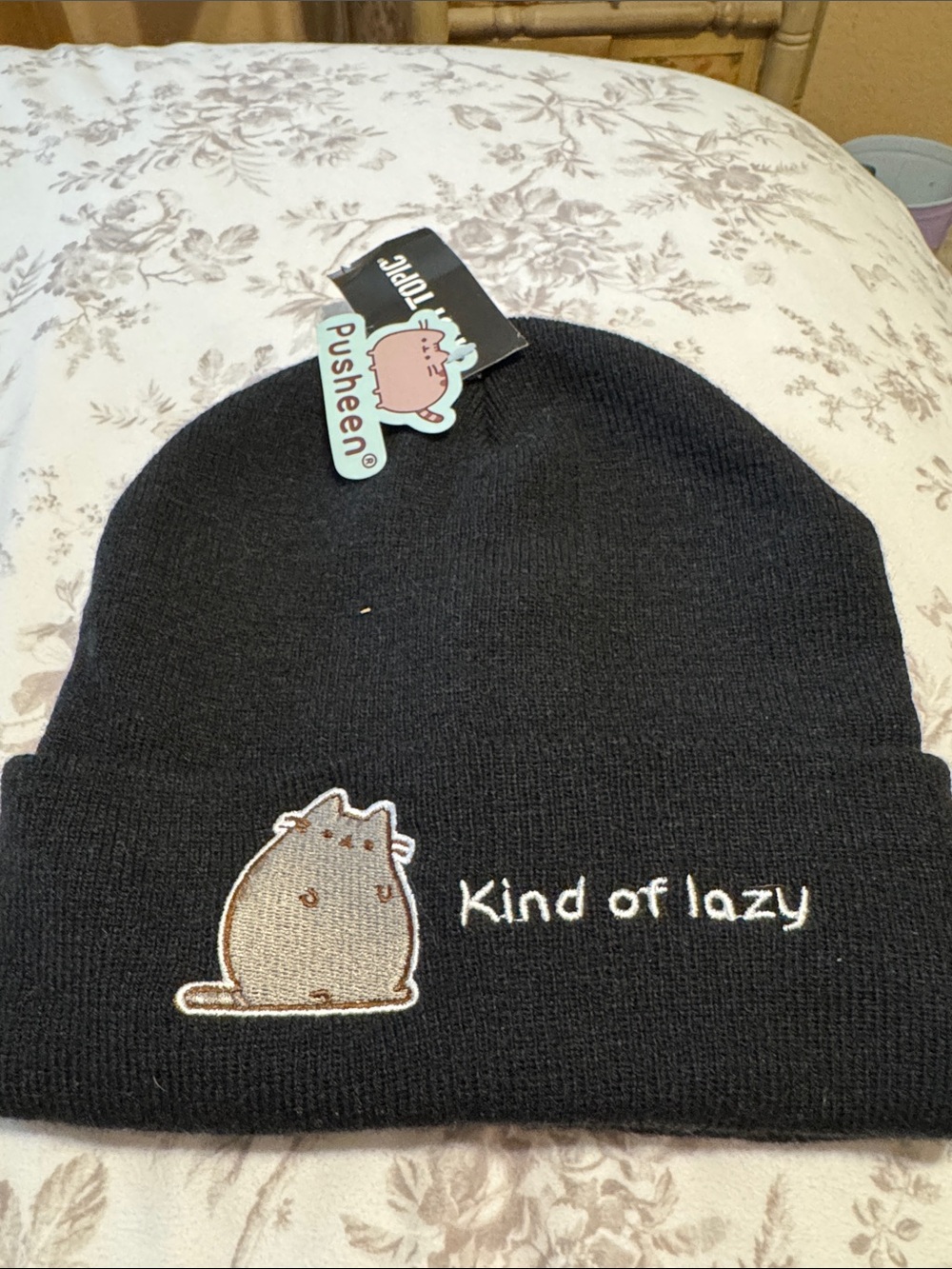Pusheen Black Knit Beanie with Embroidered Cat and 'Kind of lazy' Text